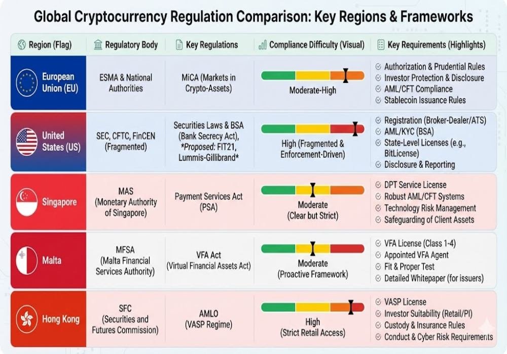 Global cryptocurrency regulation comparison: EU MiCA, US CLARITY Act, Singapore, Malta DASP, Hong Kong requirements