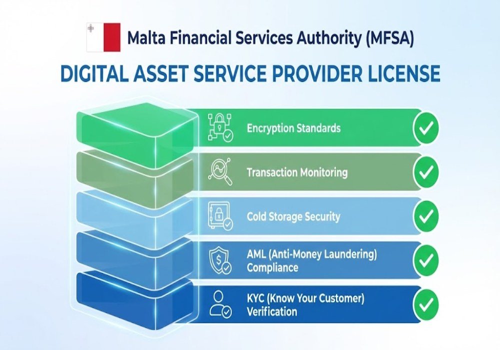 Malta DASP license compliance layers: KYC, AML, cold storage, transaction monitoring, encryption